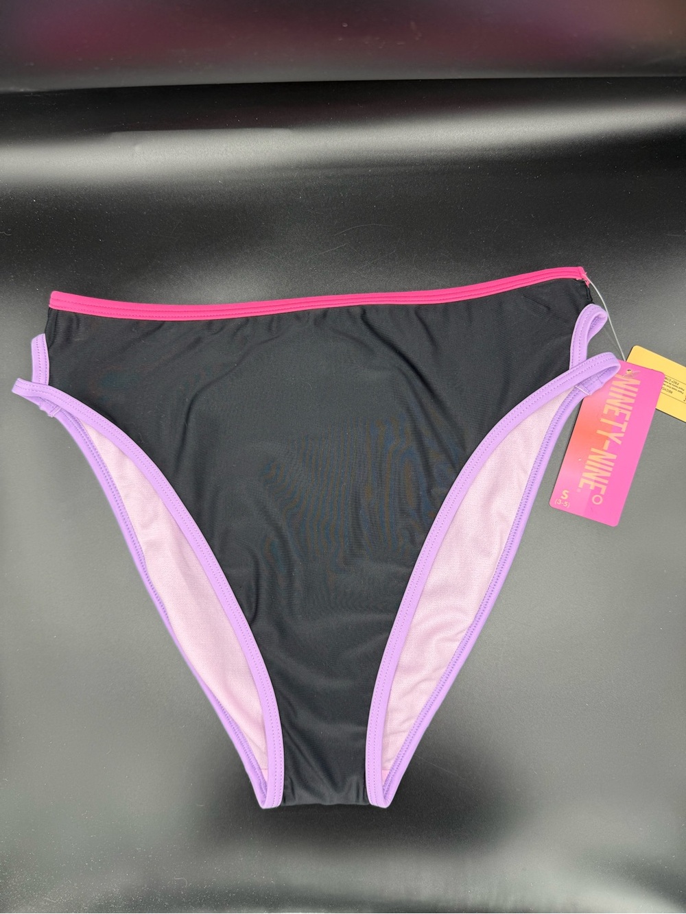 Juniors Ninety Nine High-Waist Black Bikini Bottom Pink & Purple Trim Small 3/5 - Picture 2 of 9